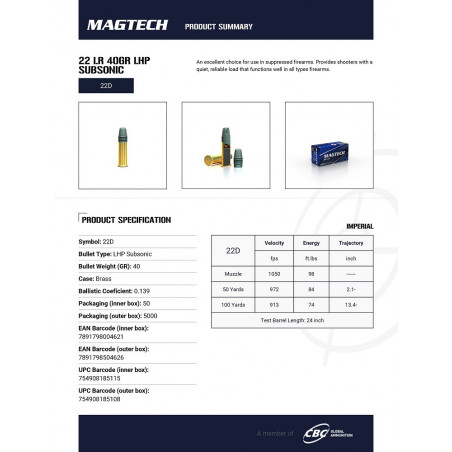 MAGTECH - 500 Cartouches 22LR 40gr LHP SUBSONIC