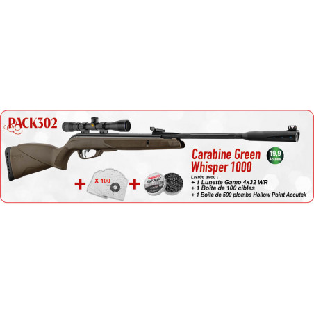 PACK NOËL - GAMO Carabine Green Whisper 1000 Cal. 4,5mm Plomb 19,9J + Lunette + Plombs + Cibles