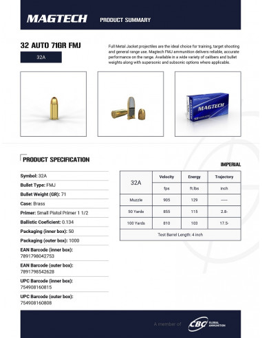 MAGTECH - Boite de 50 Cartouches 32 ACP 7,65mm Browning FMJ 71 Grains