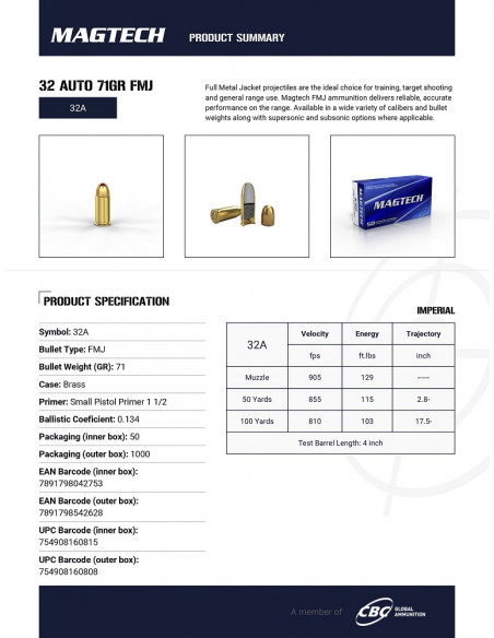 MAGTECH - Boite de 50 Cartouches 32 ACP 7,65mm Browning FMJ 71 Grains