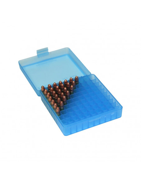 MTM - Boite à couvercle Bleu Transparent pour 100 Cartouches .22LR ou 25 ACP