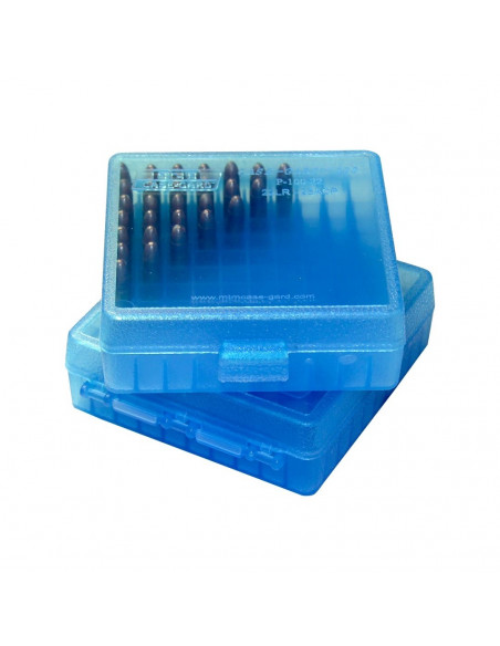 MTM - Boite à couvercle Bleu Transparent pour 100 Cartouches .22LR ou 25 ACP