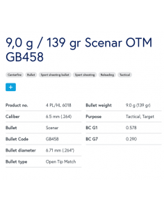 LAPUA - Sachet de 1000 Ogives 9,0 g / 139 gr Scenar OTM GB458 - 6,5 mm (6,72 mm / .264) 2