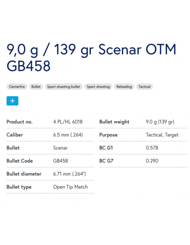LAPUA - Sachet de 1000 Ogives 9,0 g / 139 gr Scenar OTM GB458 - 6,5 mm (6,72 mm / .264)