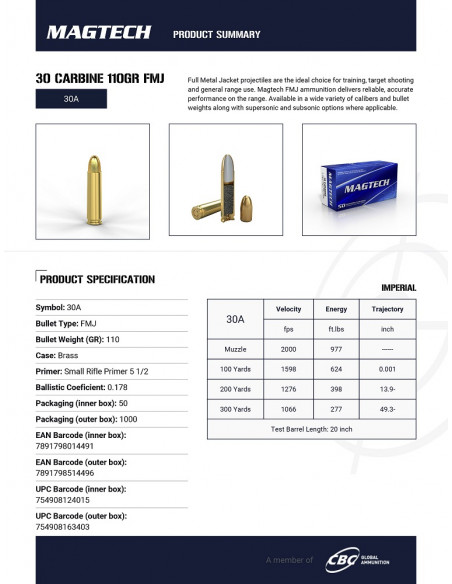 MAGTECH - Boite de 50 Cartouches 30M1 30 Carbine 110gr FMJ - Munitions USM1