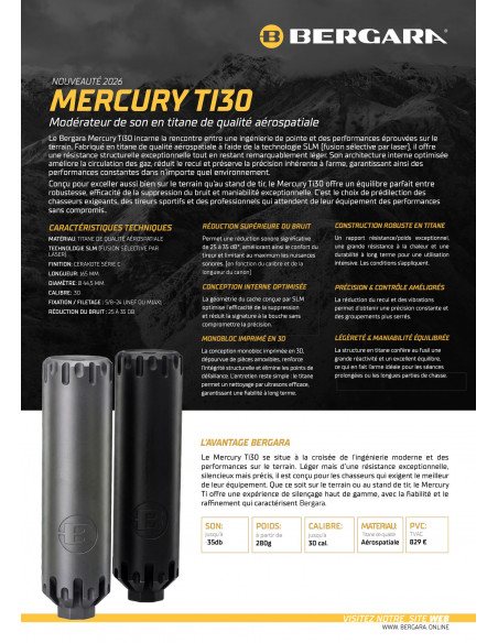 BERGARA - MERCURY TI30 Silencieux Impression 3D Titane M14X1 Cerakote Noir