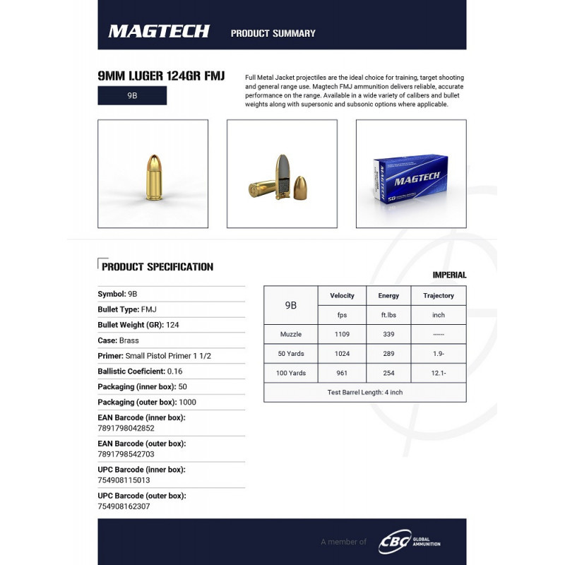 MAGTECH - 500 cartouches cal. 9x19mm FMJ 124 Grains
